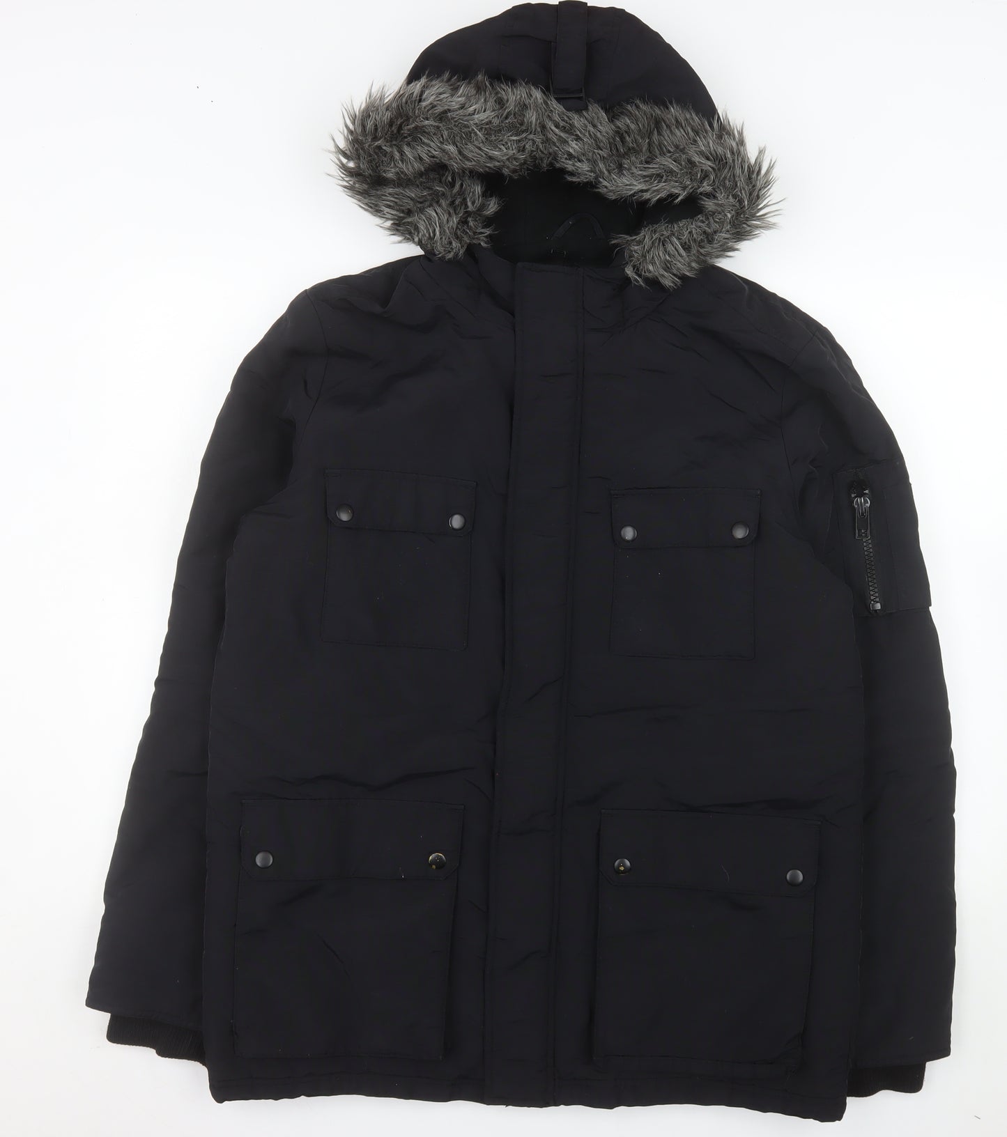 ACW85 Men's Black Faux Fur Hooded Parka Jacket Medium Winter Warm