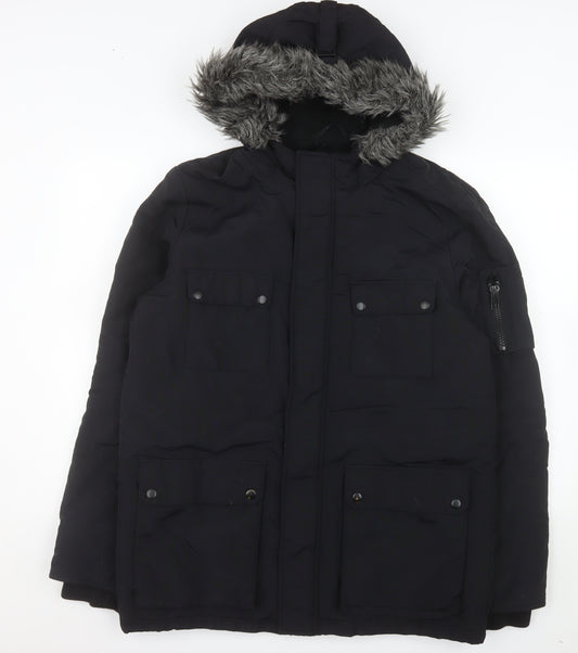 ACW85 Men's Black Faux Fur Hooded Parka Jacket Medium Winter Warm