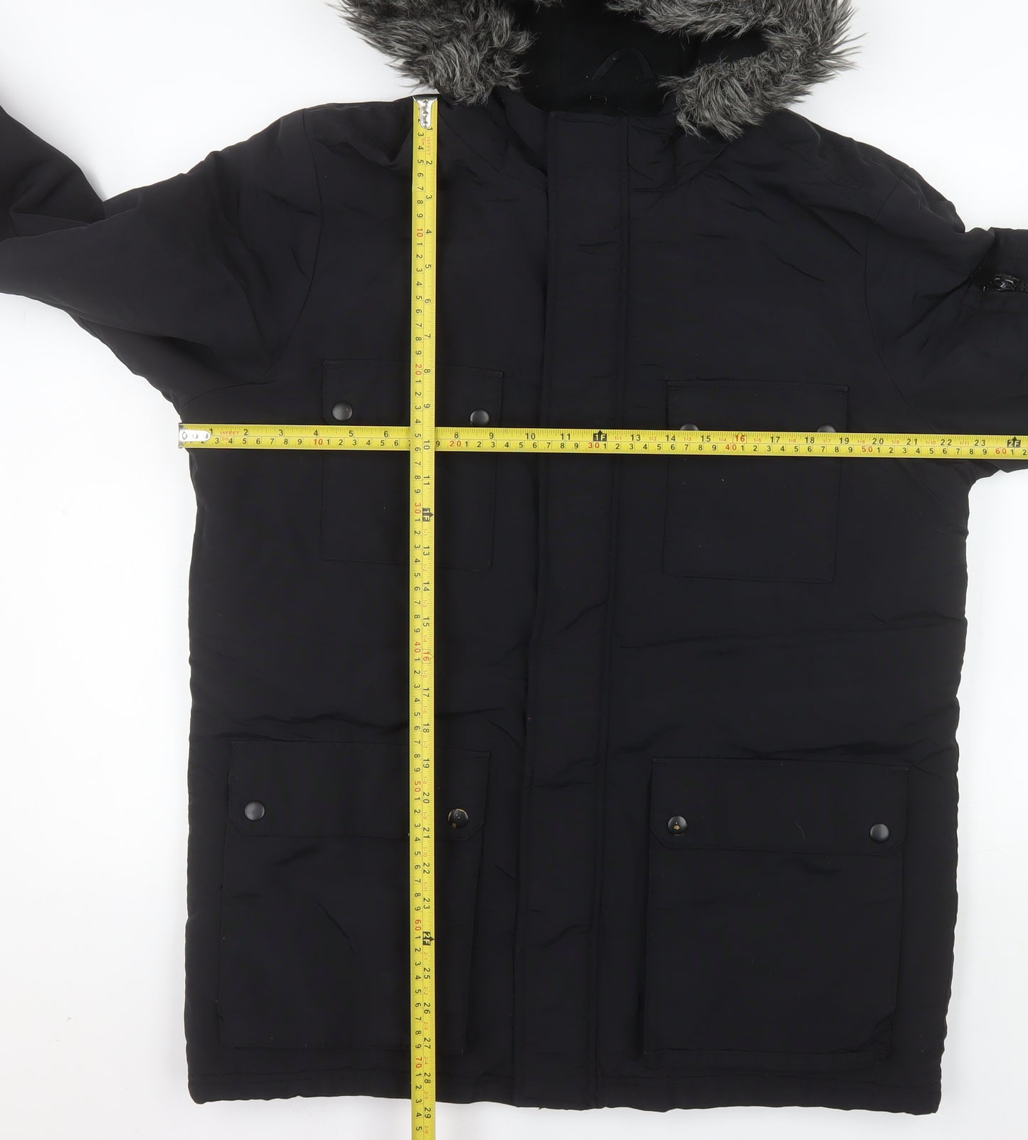 ACW85 Men's Black Faux Fur Hooded Parka Jacket Medium Winter Warm