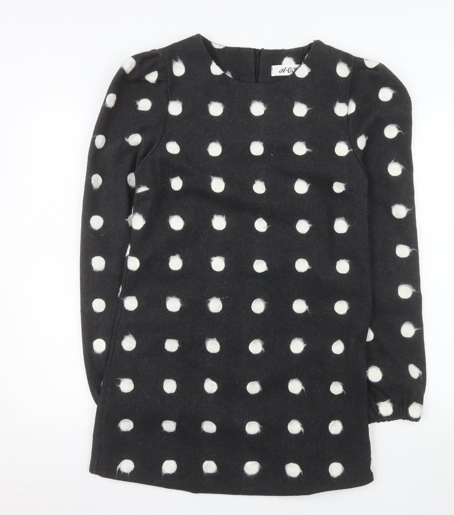 A-OK Women Black Polka Dot Wool Shift Dress S Long Sleeve