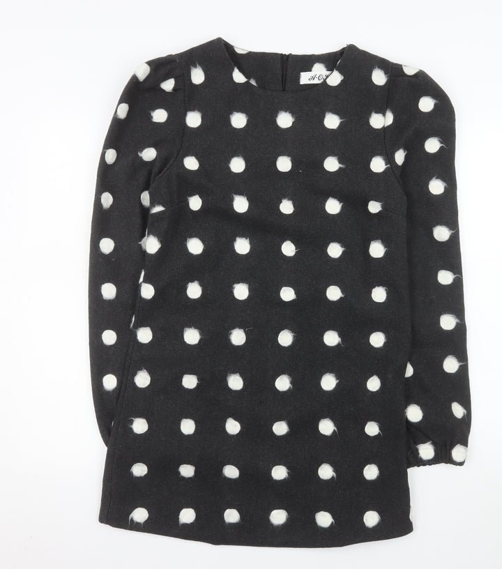 A-OK Women Black Polka Dot Wool Shift Dress S Long Sleeve