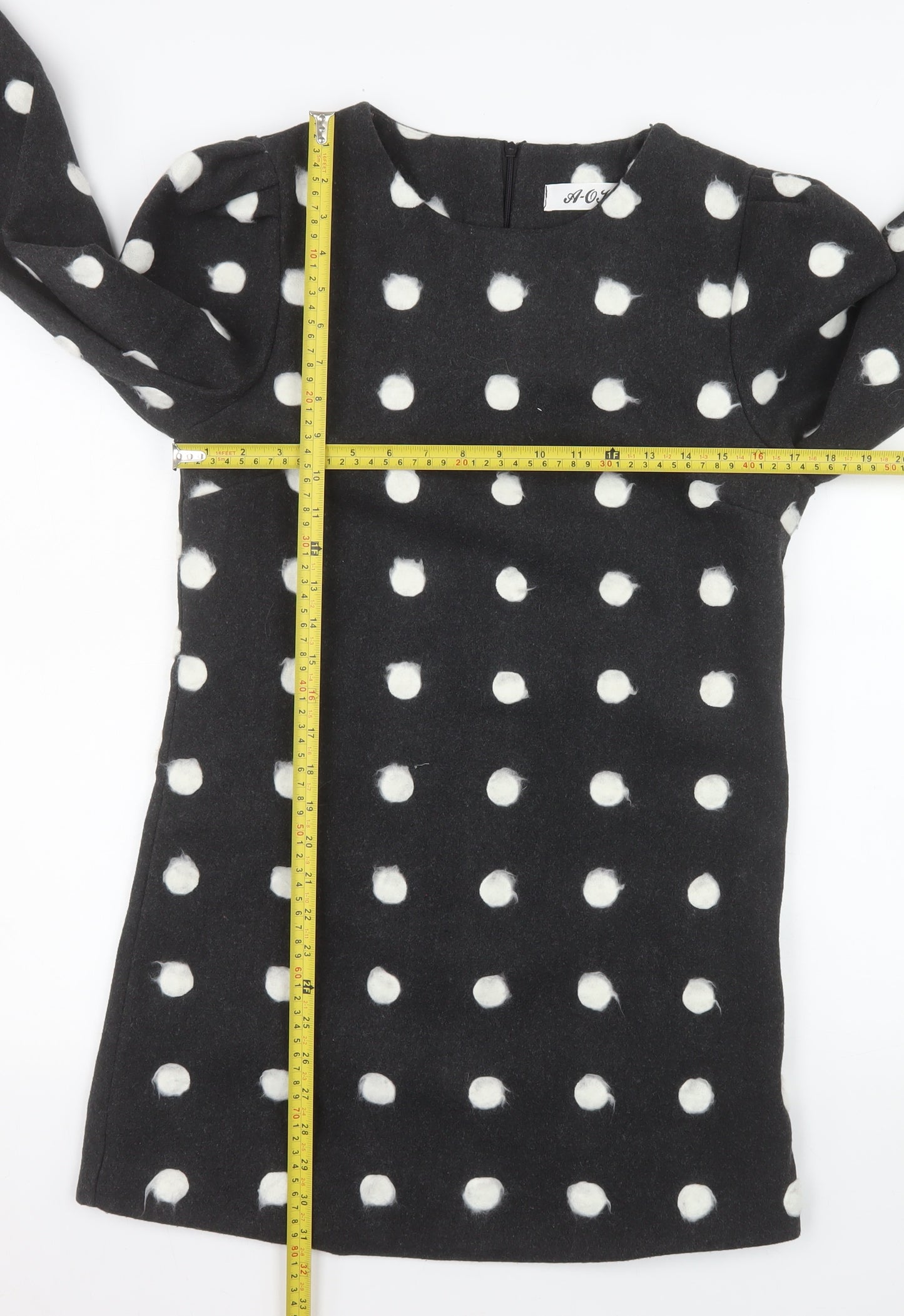 A-OK Women Black Polka Dot Wool Shift Dress S Long Sleeve