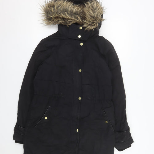 Oasis Women’s Black Fur Trim Parka Coat XS Long Hooded Winter Warm