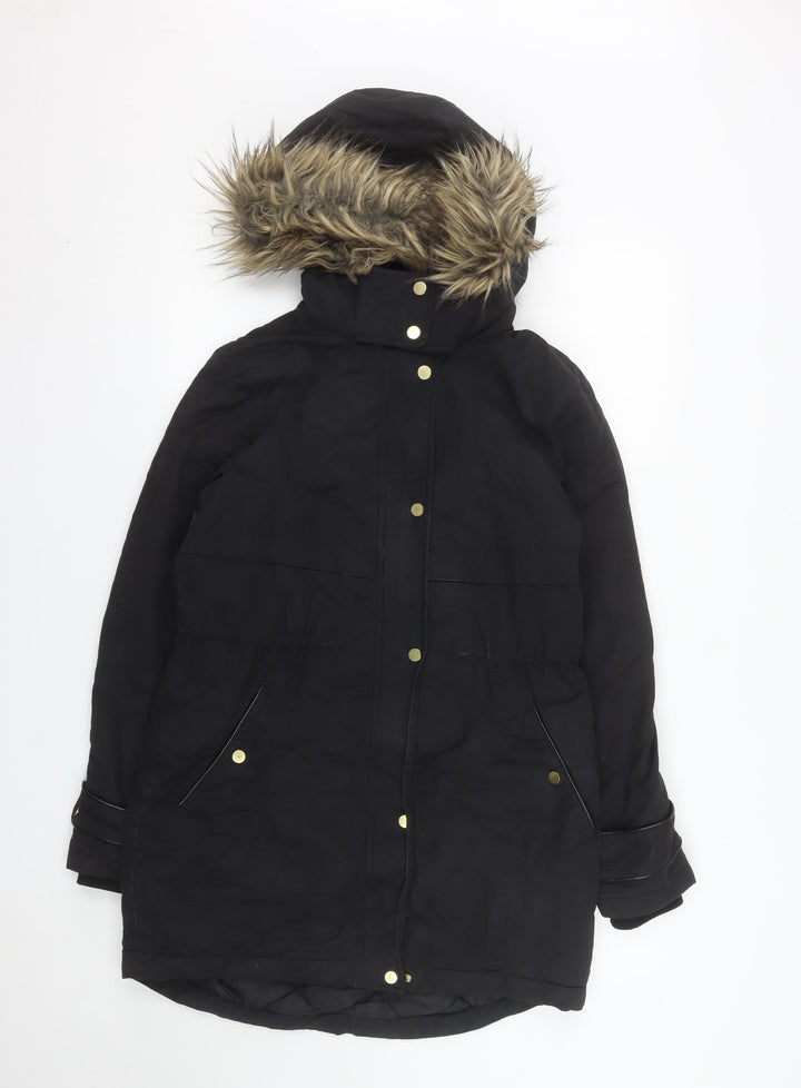 Oasis Women’s Black Fur Trim Parka Coat XS Long Hooded Winter Warm