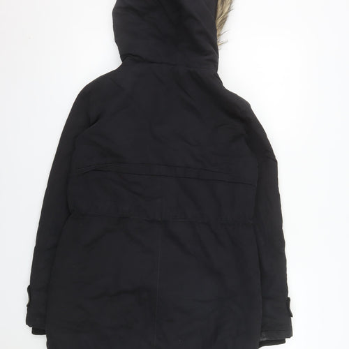 Oasis Women’s Black Fur Trim Parka Coat XS Long Hooded Winter Warm