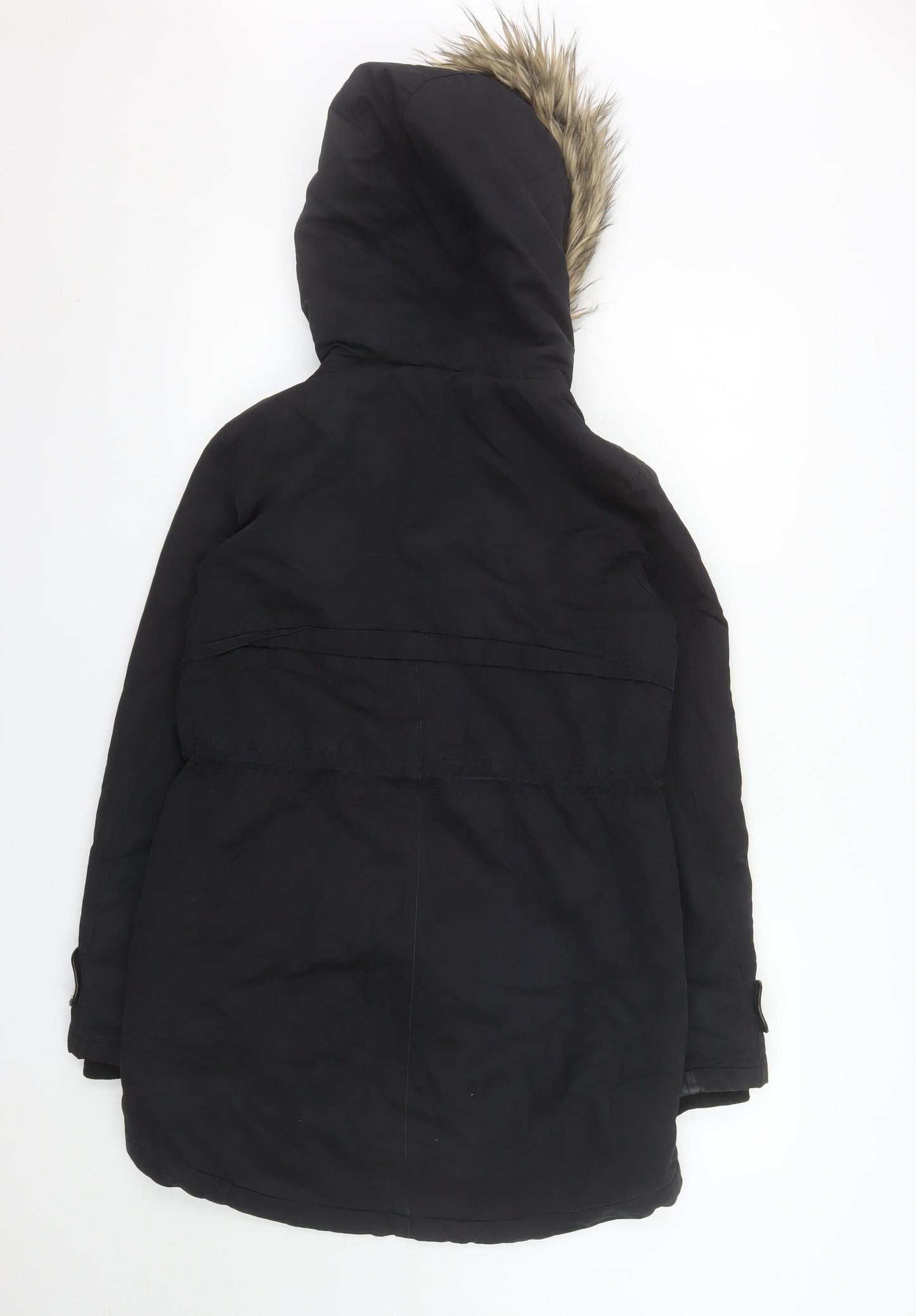 Oasis Women’s Black Fur Trim Parka Coat XS Long Hooded Winter Warm