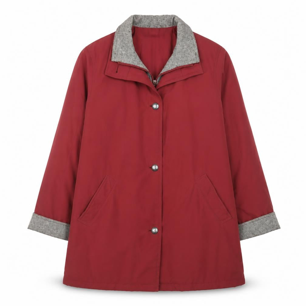 Front view of Berkertex women’s red mid-length overcoat, size UK 14, lined button classic