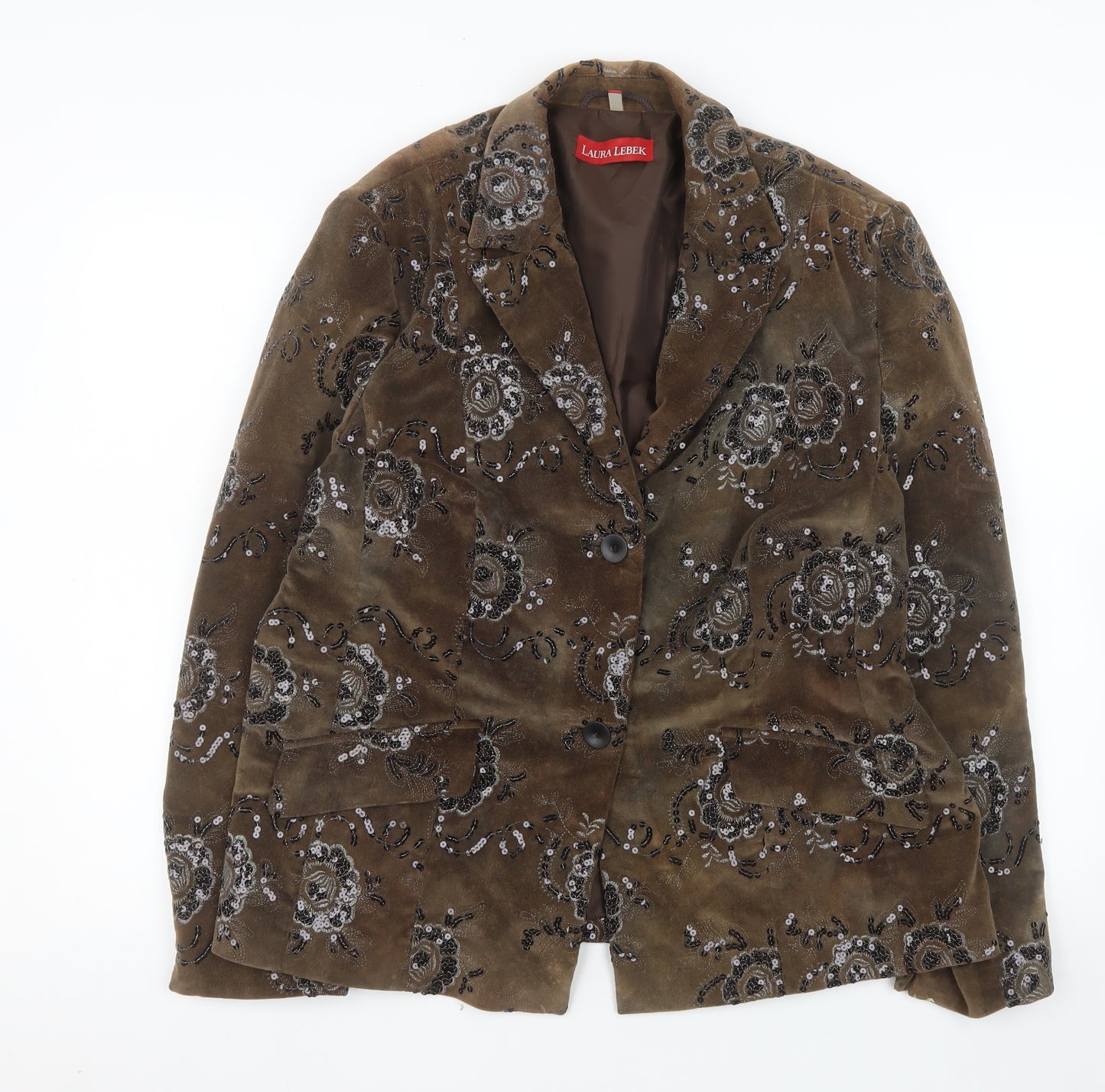 Laura Lebek Women's Brown Floral Velvet Blazer Size 18 Lined Single Breasted