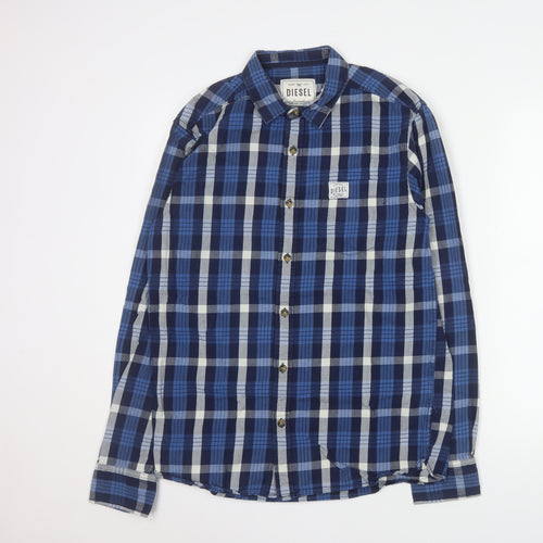Diesel Men's Blue Checked Cotton Long Sleeve Button-Up Shirt M