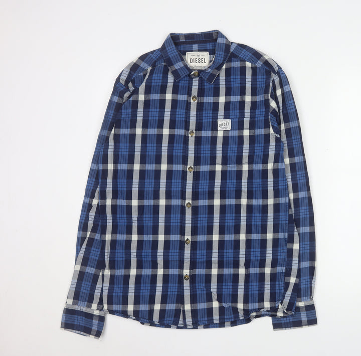 Diesel Men's Blue Checked Cotton Long Sleeve Button-Up Shirt M