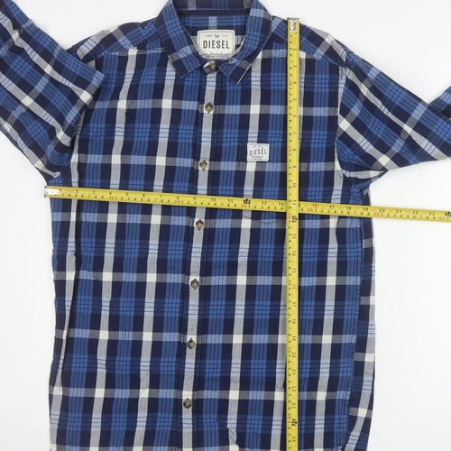 Diesel Men's Blue Checked Cotton Long Sleeve Button-Up Shirt M