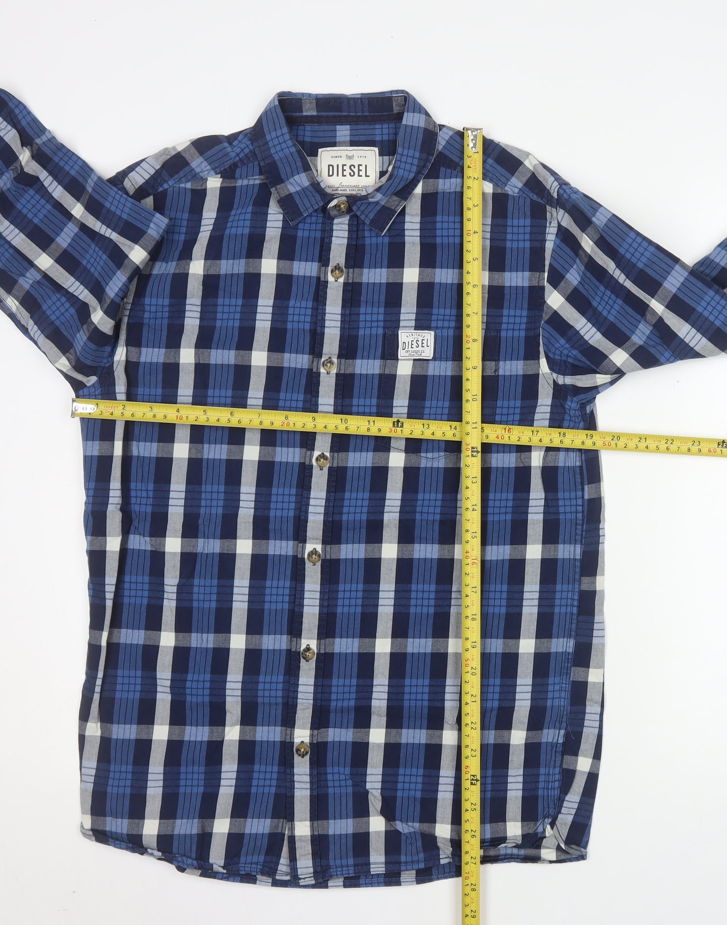 Diesel Men's Blue Checked Cotton Long Sleeve Button-Up Shirt M