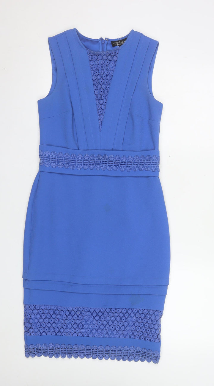 Warehouse Women's Blue Lace Panel Sleeveless Sheath Dress UK 8