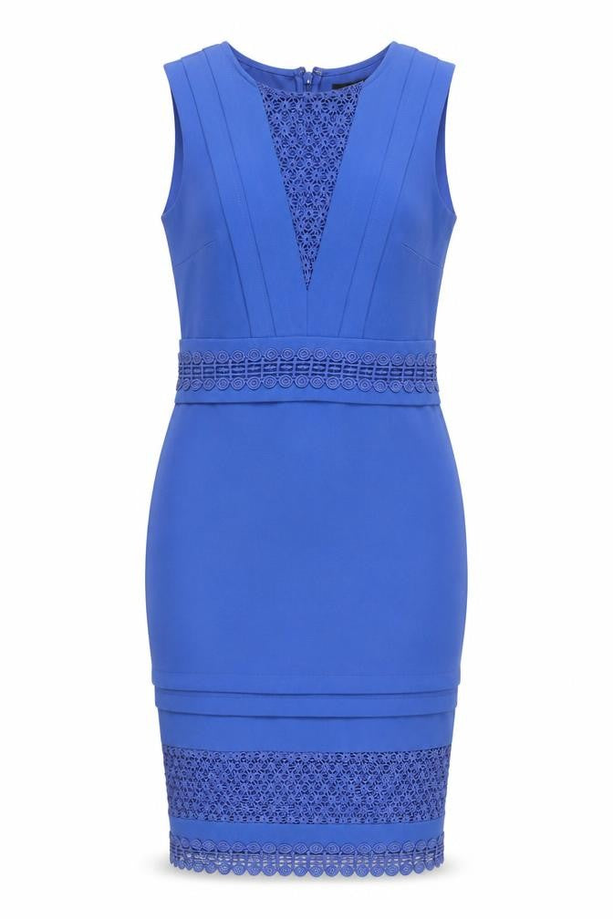 Front view of Warehouse Women's Blue Lace Panel Sleeveless Sheath Dress UK 8