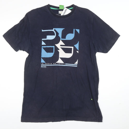 Hugo Boss Men's Blue Graphic Logo Cotton Crew Neck T-Shirt Size M