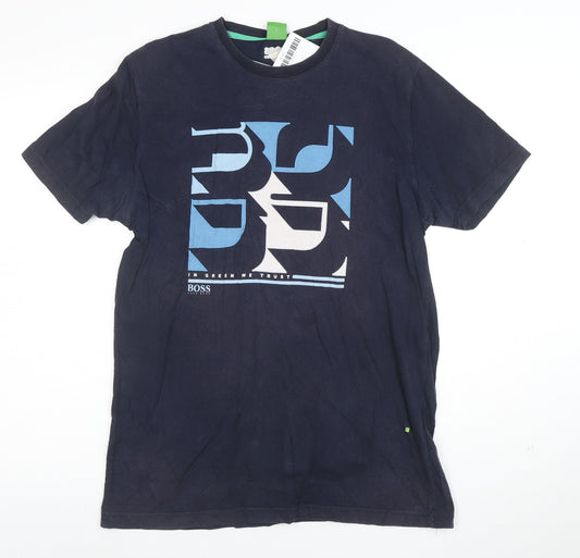 Hugo Boss Men's Blue Graphic Logo Cotton Crew Neck T-Shirt Size M