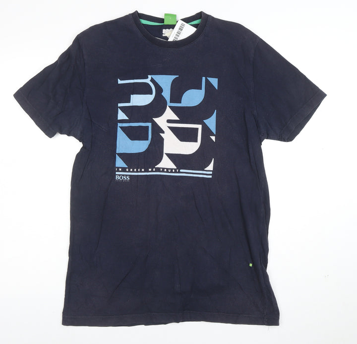 Hugo Boss Men's Blue Graphic Logo Cotton Crew Neck T-Shirt Size M