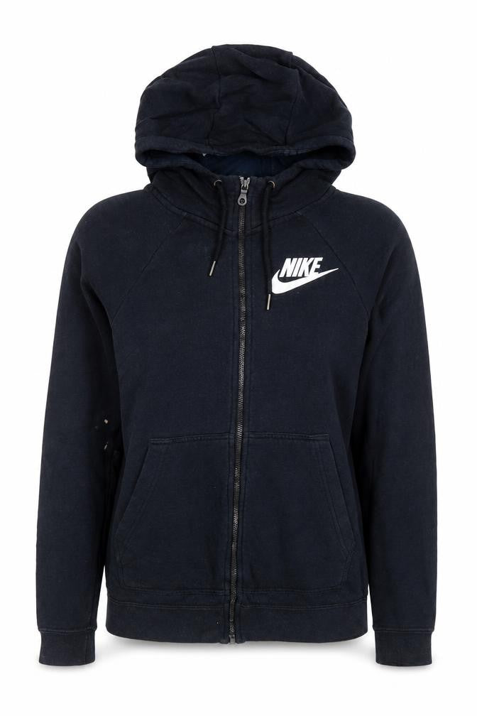 Front view of Nike women’s black xs full zip hoodie with drawstring and logo