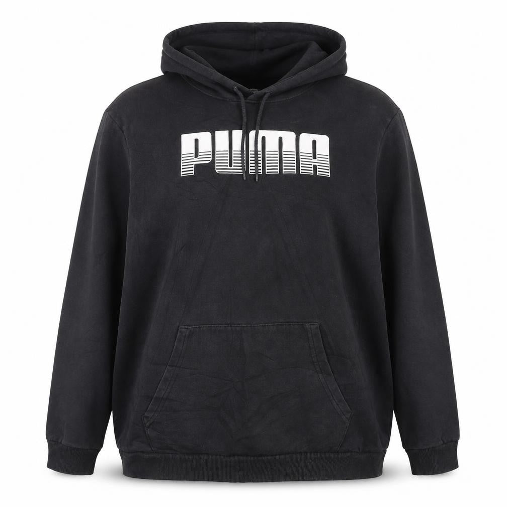 Front view of Puma women’s black pullover hoodie l cotton blend logo sweatshirt