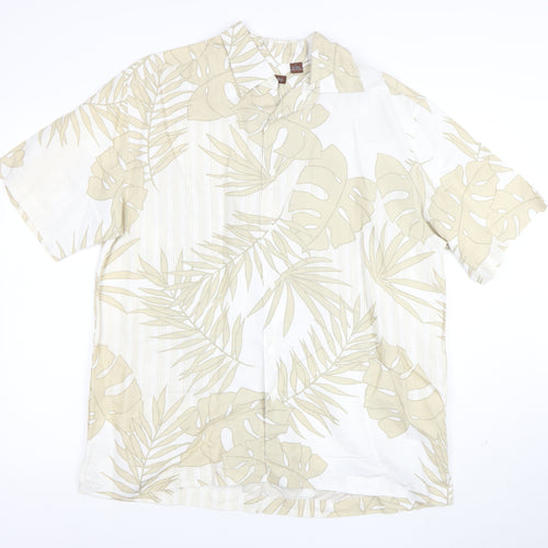 Centro Men's Beige Tropical Leaf Short Sleeve Button-Up Shirt L
