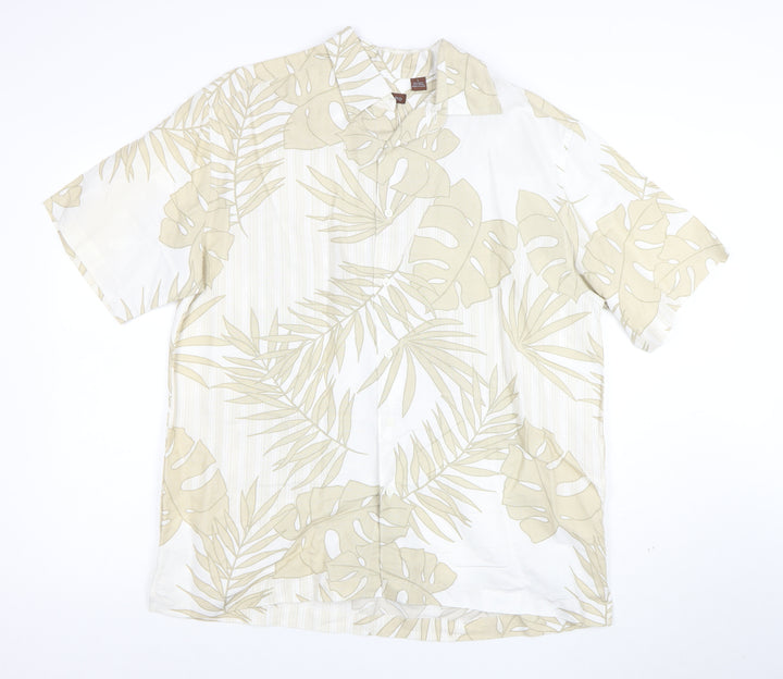 Centro Men's Beige Tropical Leaf Short Sleeve Button-Up Shirt L