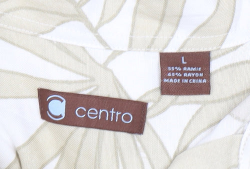 Centro Men's Beige Tropical Leaf Short Sleeve Button-Up Shirt L