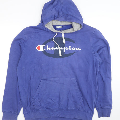 Champion Men Blue Pullover Hoodie Large Logo Fleece Sweatshirt