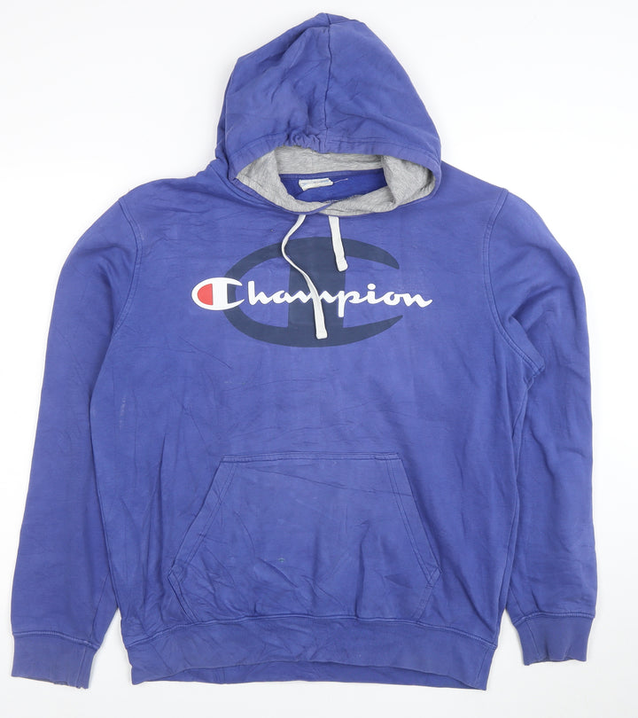 Champion Men Blue Pullover Hoodie Large Logo Fleece Sweatshirt