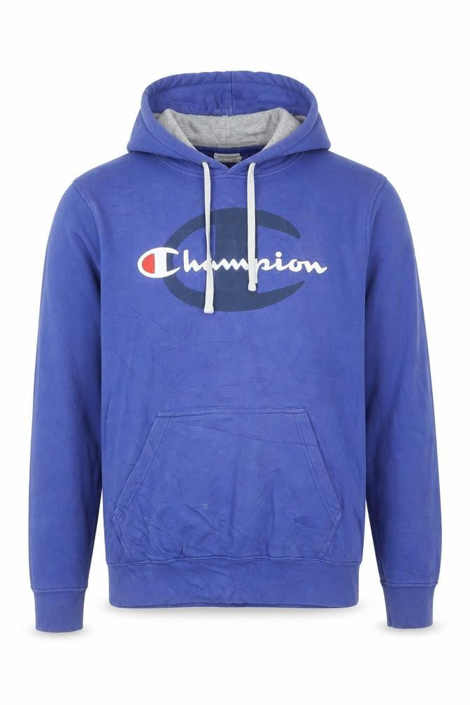 Front view of Champion Men Blue Pullover Hoodie Large Logo Fleece Sweatshirt
