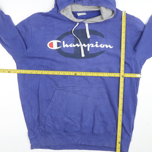 Champion Men Blue Pullover Hoodie Large Logo Fleece Sweatshirt