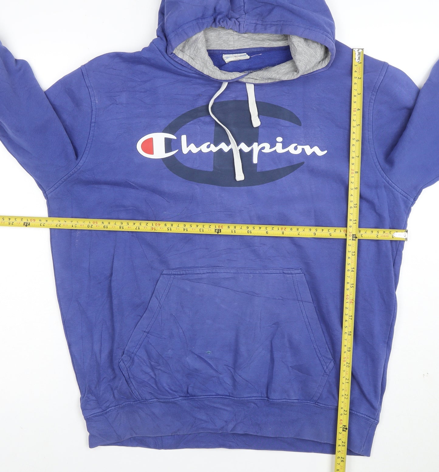 Champion Men Blue Pullover Hoodie Large Logo Fleece Sweatshirt