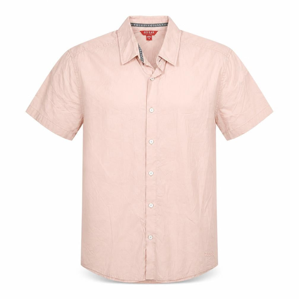 Front view of Guess Men Pink Short Sleeve Regular Fit Button-Up Shirt, size M