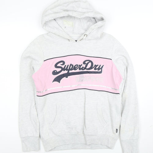 Superdry Womens Grey Pink Pullover Hoodie Size 10 Cotton Blend