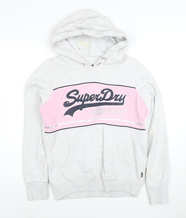 Superdry Womens Grey Pink Pullover Hoodie Size 10 Cotton Blend