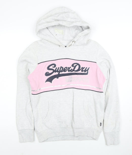 Superdry Womens Grey Pink Pullover Hoodie Size 10 Cotton Blend