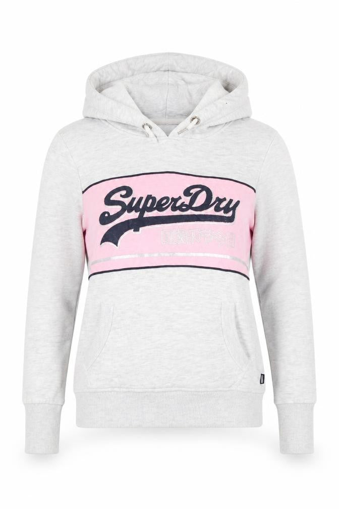 Front view of Superdry women’s grey pink pullover hoodie, size UK 10, cotton blend