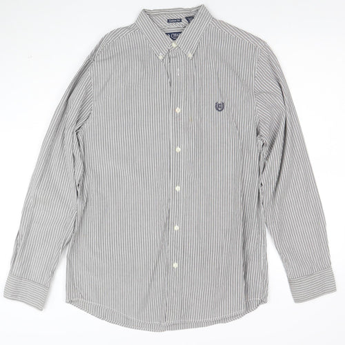 Chaps Men's Grey White Striped Cotton Long Sleeve Button-Up Shirt M