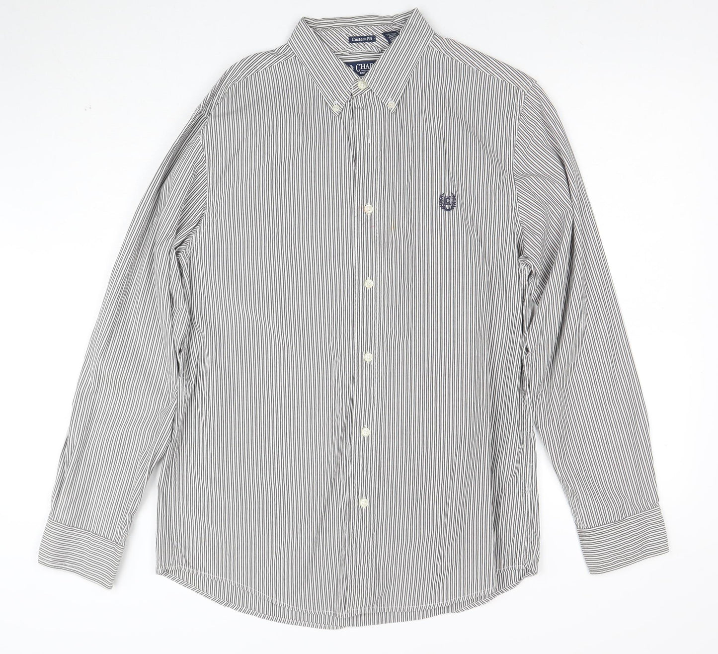 Chaps Men's Grey White Striped Cotton Long Sleeve Button-Up Shirt M