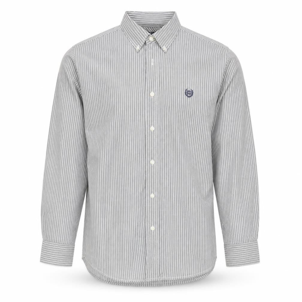Front view of Chaps Men's Grey White Striped Cotton Long Sleeve Button-Up Shirt M