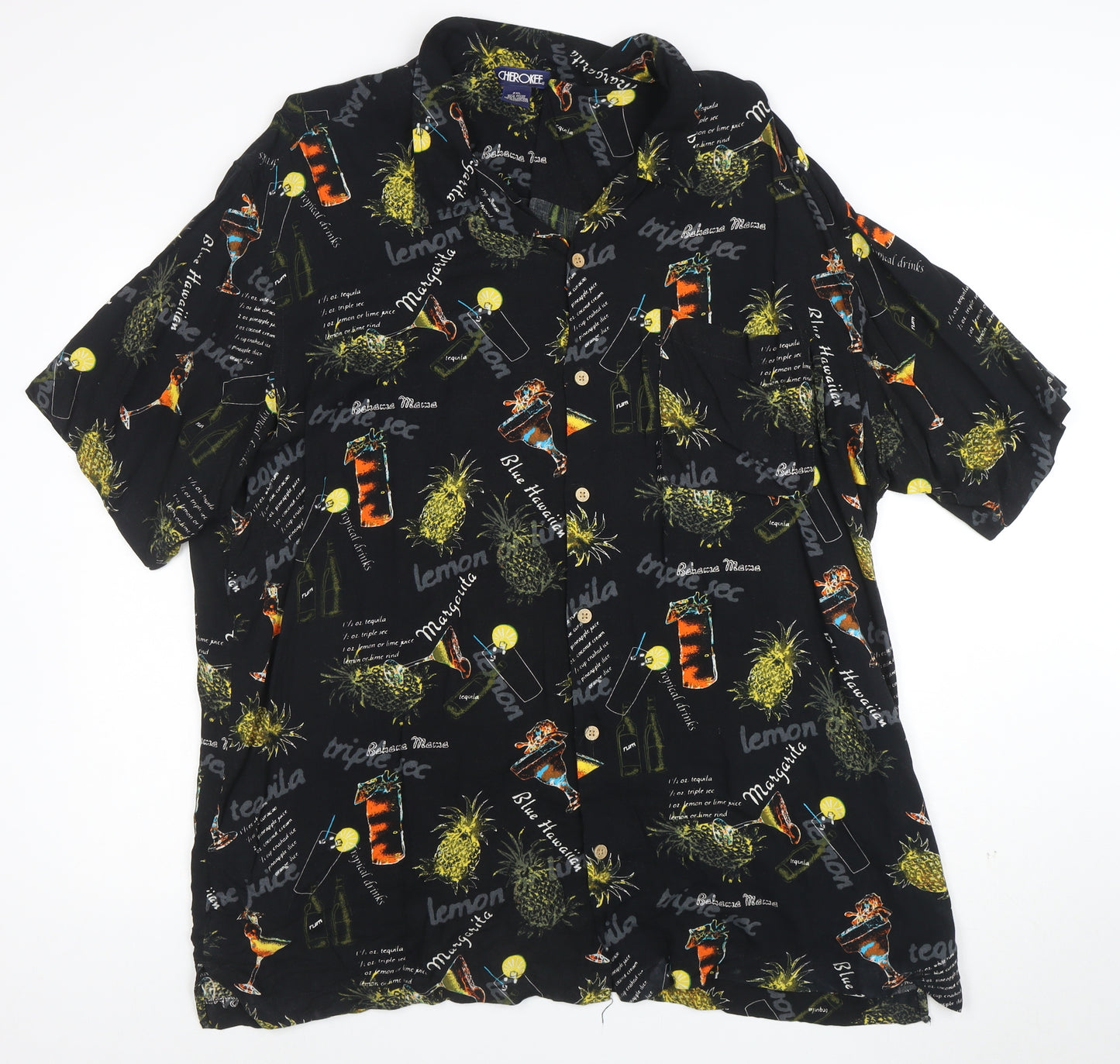 Cherokee Men's Black 2XL Hawaiian Button-Up Shirt Tropical Drinks Print