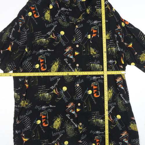 Cherokee Men's Black 2XL Hawaiian Button-Up Shirt Tropical Drinks Print
