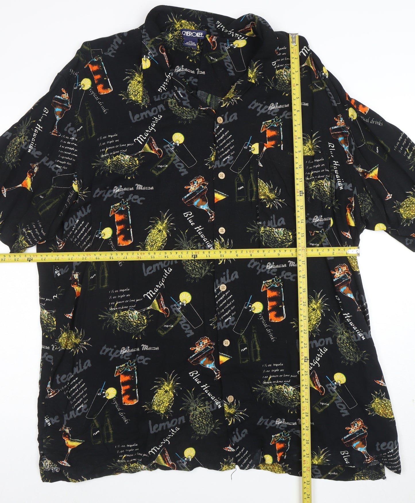 Cherokee Men's Black 2XL Hawaiian Button-Up Shirt Tropical Drinks Print