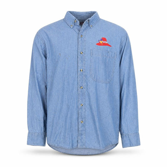Front view of Common Sense Men's Blue Cotton Button-Up Denim Shirt, size S