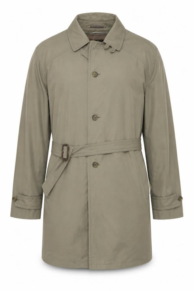 Front view of Elite Model Men's Green 44in Belted Trench Coat Cotton Blend