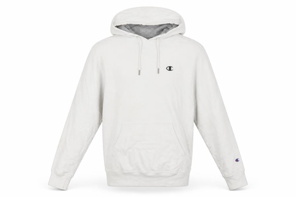 Front view of Champion Men’s White Pullover Hoodie Small Fleece Logo Athleticwear