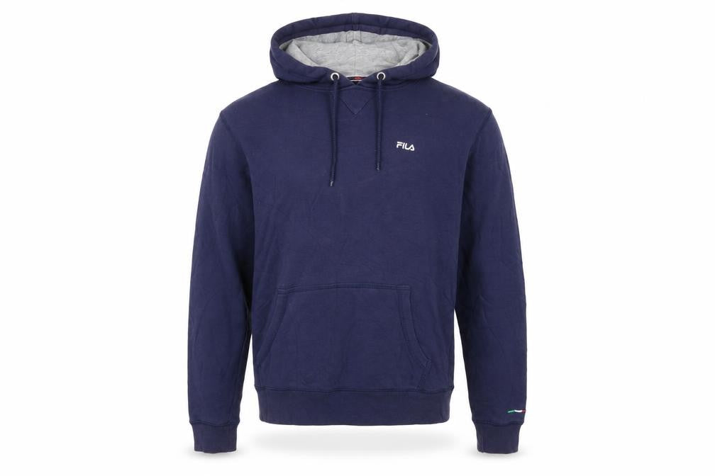 Front view of Fila Men’s Blue Pullover Hoodie, size S, Long Sleeve Sportswear