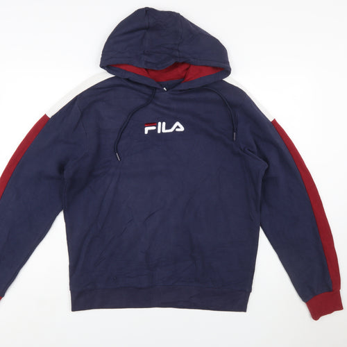 FILA Men Blue Pullover Hoodie Small Logo Sports Fleece Sweatshirt