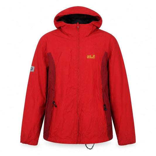 Front view of Jack Wolfskin boys’ red hooded waterproof parka jacket, size 176
