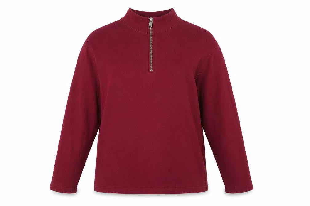 Front view of Eddie Bauer women’s burgundy 1/4 zip cotton sweatshirt, size S