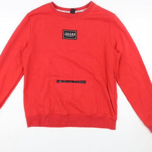 Jaggad Men's Red Crew Neck Pullover Sweatshirt L Logo Zip Pocket